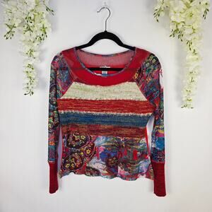 Mirror Image Top Medium Red Mixed Media Print Knit Patchwork Abstract Y2K Artsy